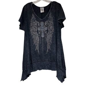 Vocal Black V Neck Angel Wing Graphic Short Sleeve Tee